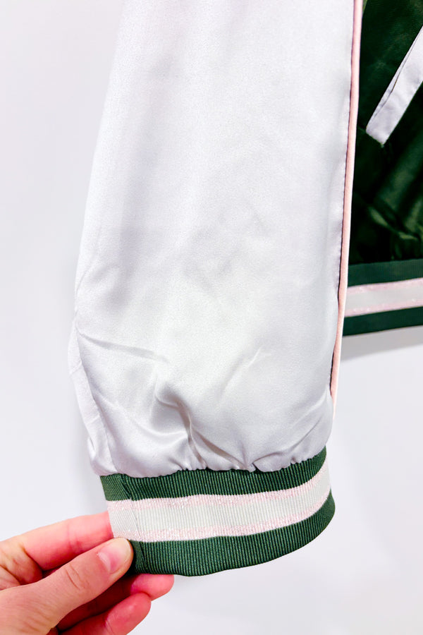 Veste bomber satinée verte et crème brodée ''fly away''* seconde main - Forever21- La Penderie du Paradis