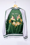 Veste bomber satinée verte et crème brodée ''fly away''* seconde main - Forever21- La Penderie du Paradis