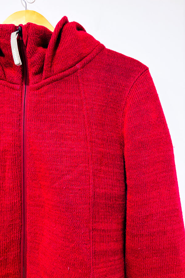 Veste en tricot framboise à capuchon intérieur en polar seconde main - Bench- La Penderie du Paradis