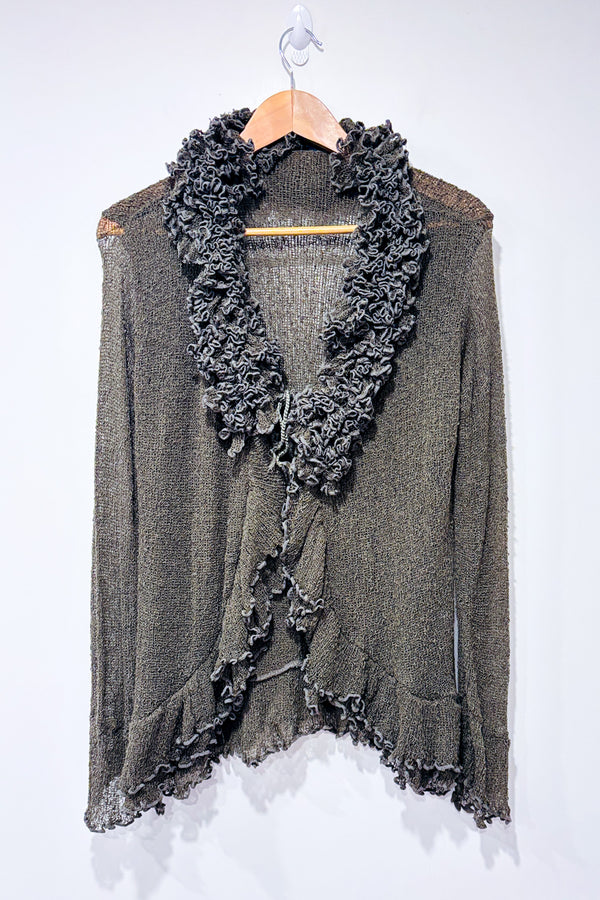 Cardigan vert en maille à nouer seconde main - Zen Den- La Penderie du Paradis