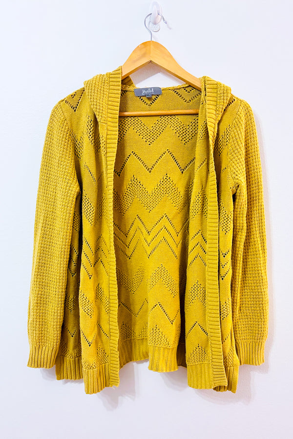 Cardigan ouvert jaune à capuchon en maille ajourée seconde main - Marled- La Penderie du Paradis