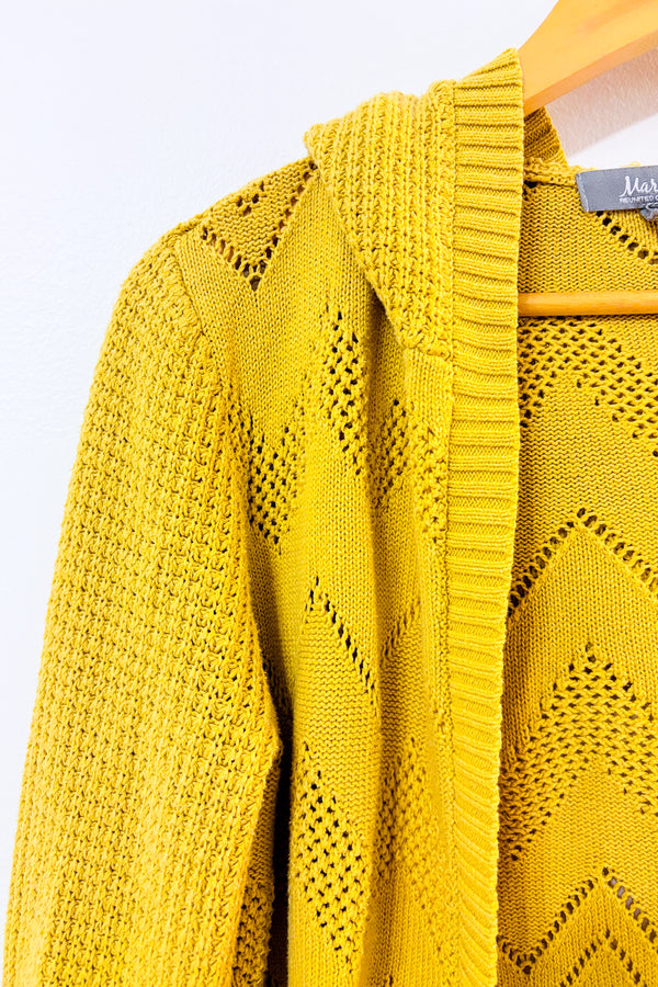 Cardigan ouvert jaune à capuchon en maille ajourée seconde main - Marled- La Penderie du Paradis