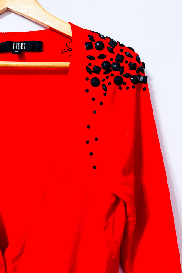 Cardigan long rouge à pierres noires seconde main - Bedo- La Penderie du Paradis