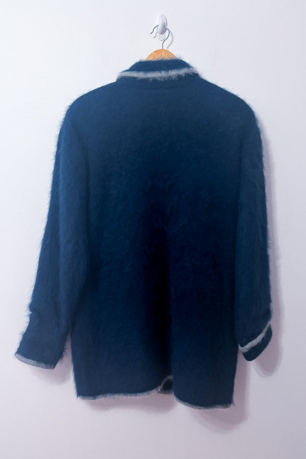 Cardigan long marine en laine angora à boutons* seconde main - Lady Monica- La Penderie du Paradis