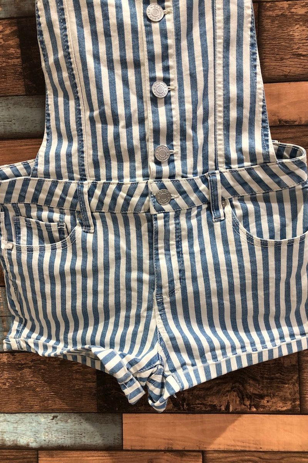 Salopette short en jeans rayée bleue et blanche (xs) seconde main Garage 